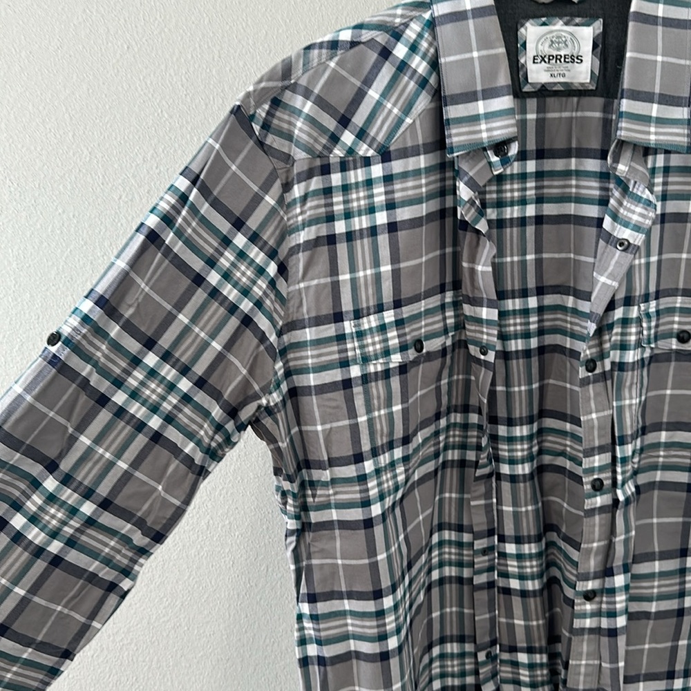 Express Men's Fitted Snap Button Down Plaid Shirt… - image 4